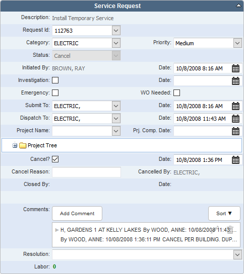 Service Request Panel Fields