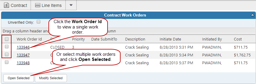 View Work Orders Associated to the Contract