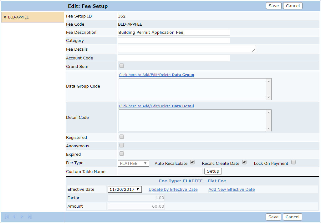 Fee Setup Fields