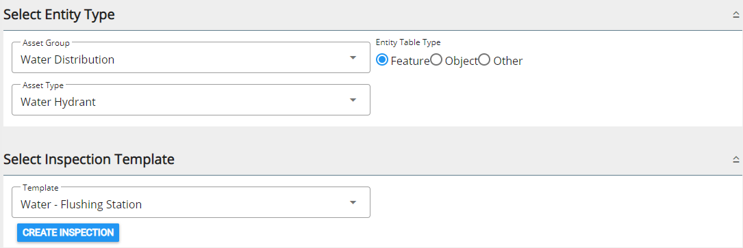 Select Entity Type and Template Panels Fields