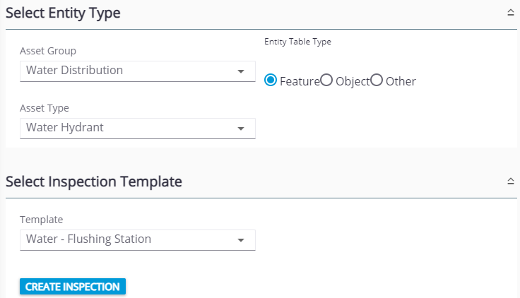 Select Entity Type and Template Panels Fields