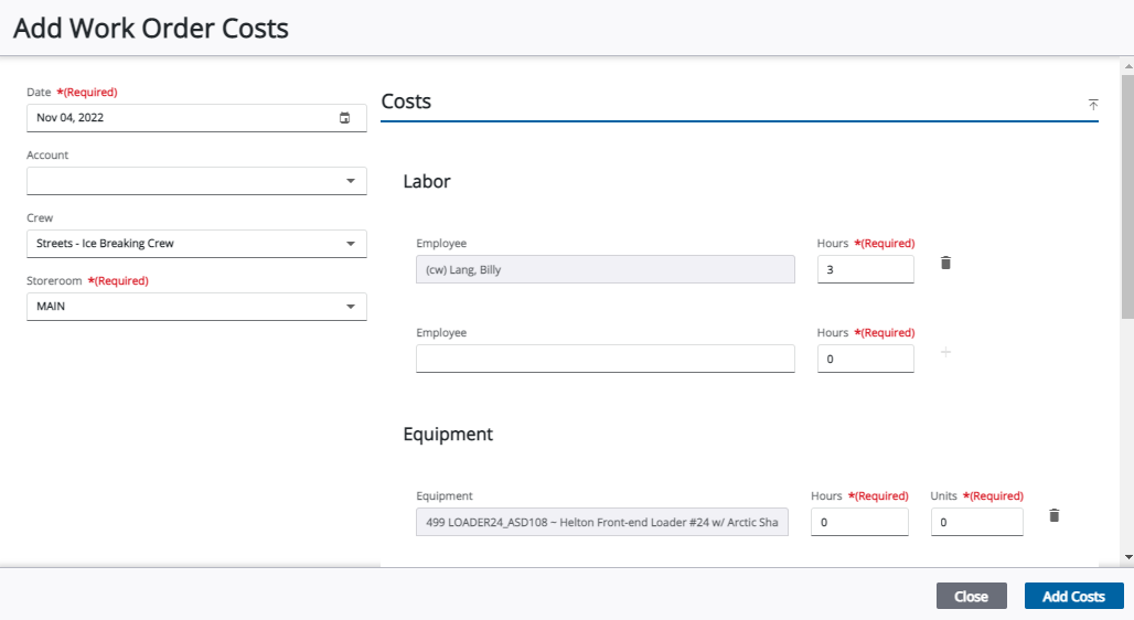 Work Order Charges Add Work Order Costs