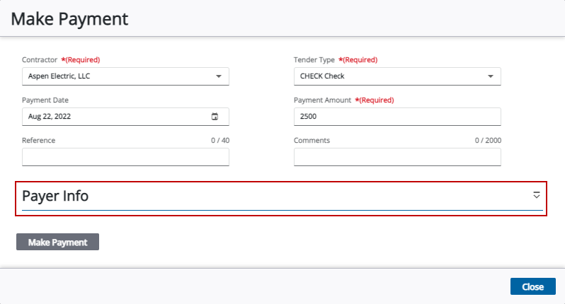 Image of Escrow Payment Make Payment panel with Payer Info highlighted