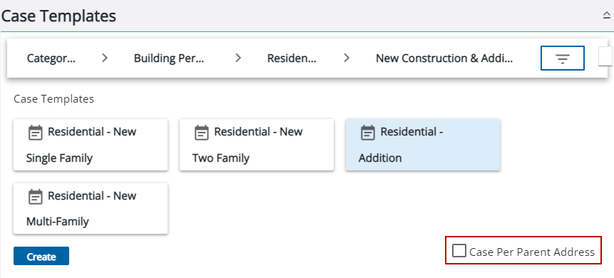 Image of Case Templates when creating a case from a parent case and Case Per Parent Address highlighted