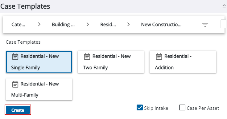 Image of Case Templates with Create highlighted