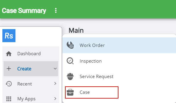Image of Create selected from the menu and Case highlighted
