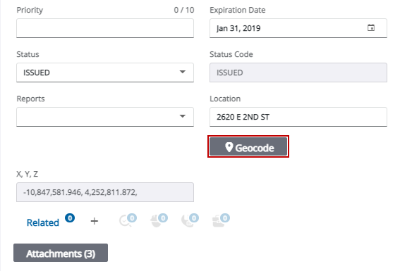 Image of lower part of Main panel with Geocode highlighted