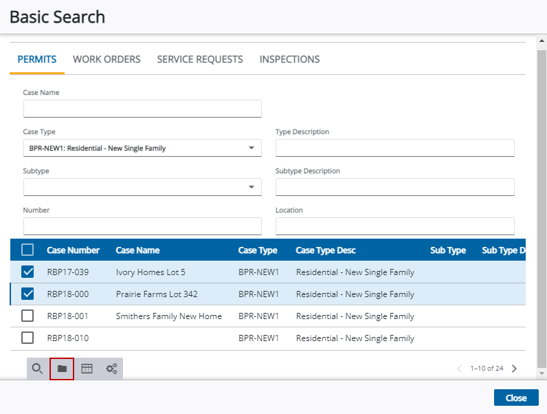 Image of Basic Search panel with multiple cases selected and Open Work Activities highlighted