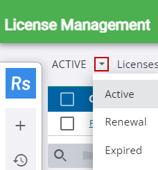 Image of License Management Select case status drop-down