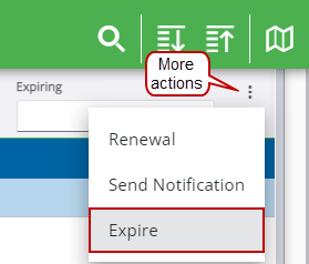 Image of License Management with More actions called out, and Expire highlighted