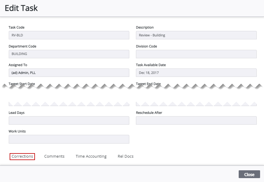 Image of Edit Task panel with Corrections highlighted