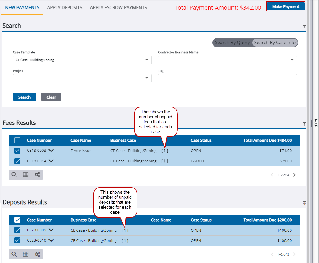 Image from Payment Manager, New Payment selected, Search By Case Info selected, and Make Payment highlighted