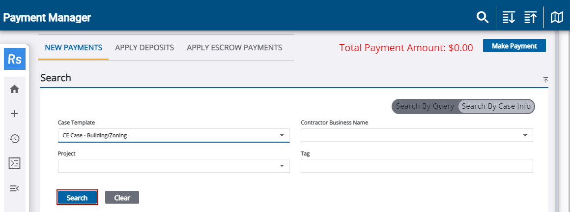 Image of Payment Manager, New Payments selected, Search By Case Info selected, and Search highlighted