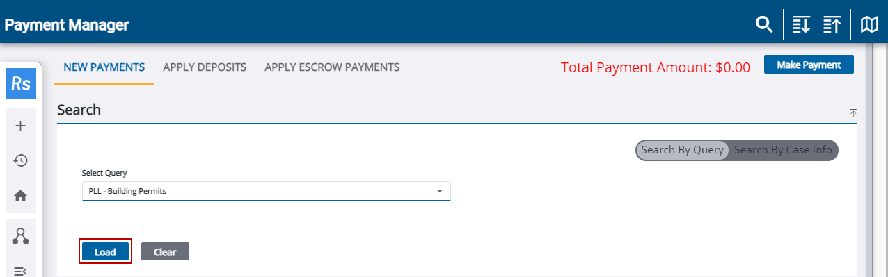 Image of Payment Manager, New Payment selected, Search By Query selected, and Load highlighted