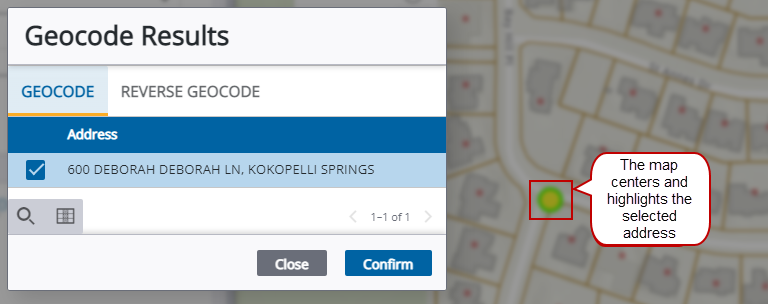Image of Geocode Results and map with address highlighted