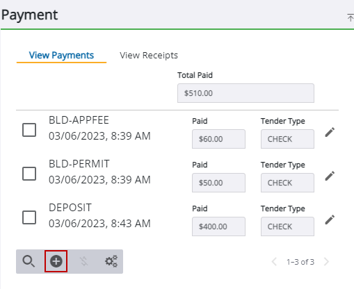 Image of the Payment panel from the case summary page with Add record highlighted