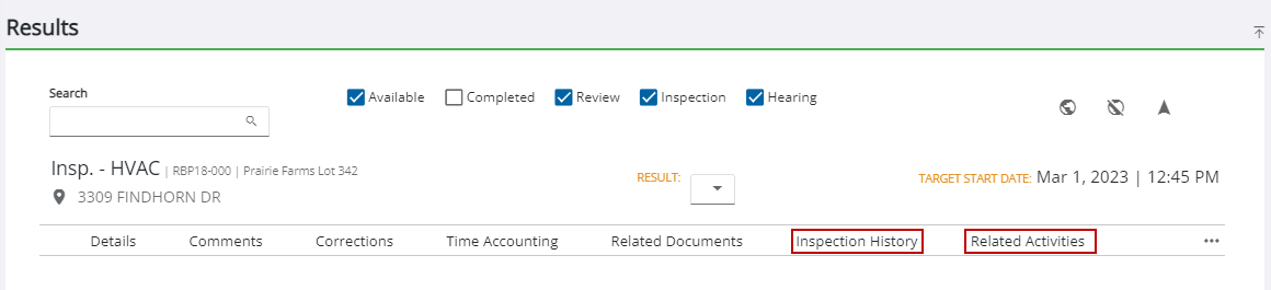 Image of Task Manager Results panel with Inspection History and Related Activities highlighted