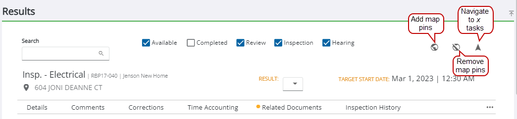 Image of Task Manager Results panel with map navigation called out
