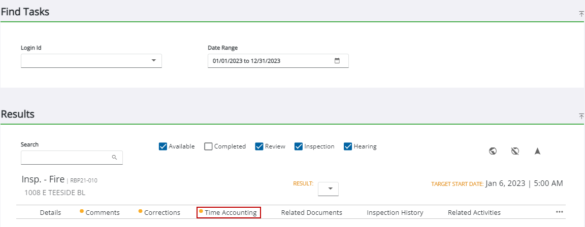 Image of Task Manager Results with Time Accounting highlighted