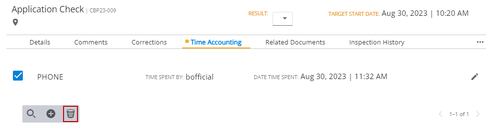 Image of Task Manager Results panel with Time Accounting open and Delete selected records highlighted