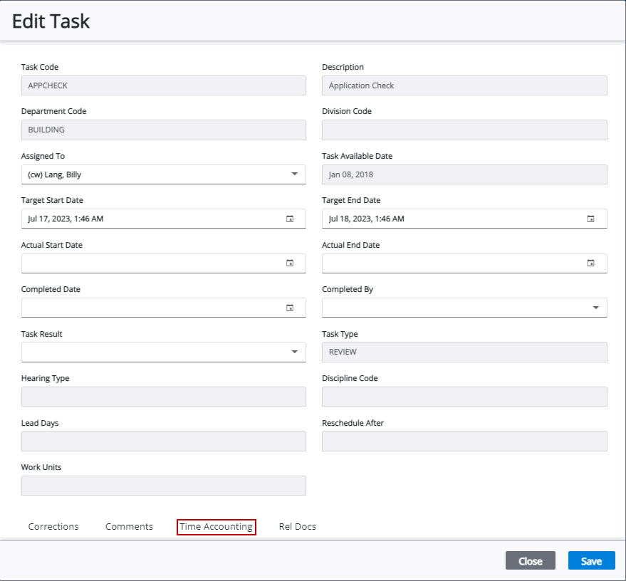 Image of Edit Task panel with Time Accounting highlighted