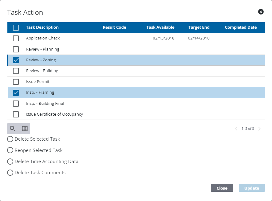 Image of Task Action panel with tasks selected