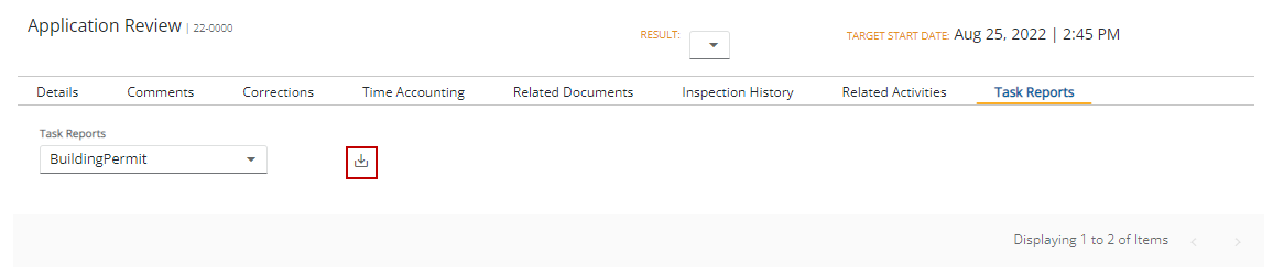 Image of Task Manager Results panel with Task Reports section open and Dowload icon highlighted