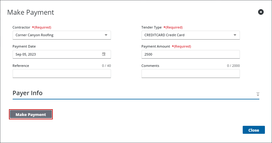 Image of Escrow Payment tool Make Payment panel with Make Payment highlighted