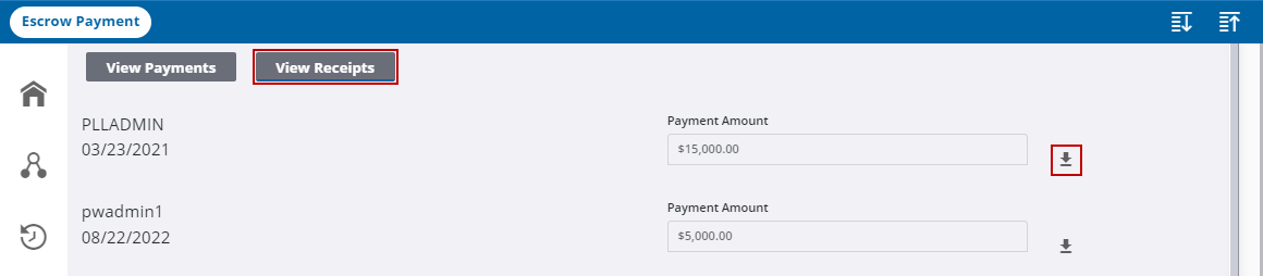Image of Escrow Payment with View Receipts selected and download arrow icon highlighted