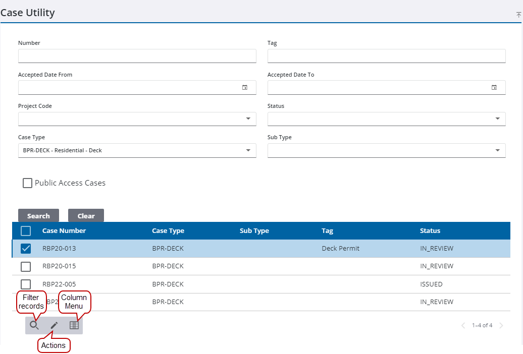 Image of Case Utility panel Results with icons called out