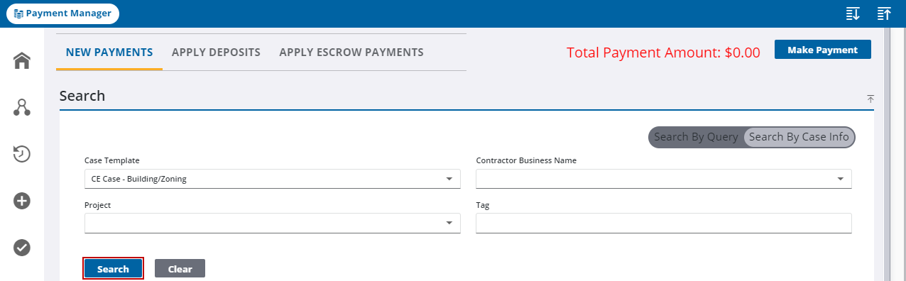 Image of Payment Manager, New Payments selected, Search By Case Info selected, and Search highlighted