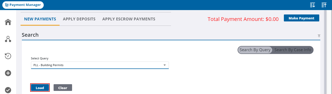 Image of Payment Manager, New Payment selected, Search By Query selected, and Load highlighted