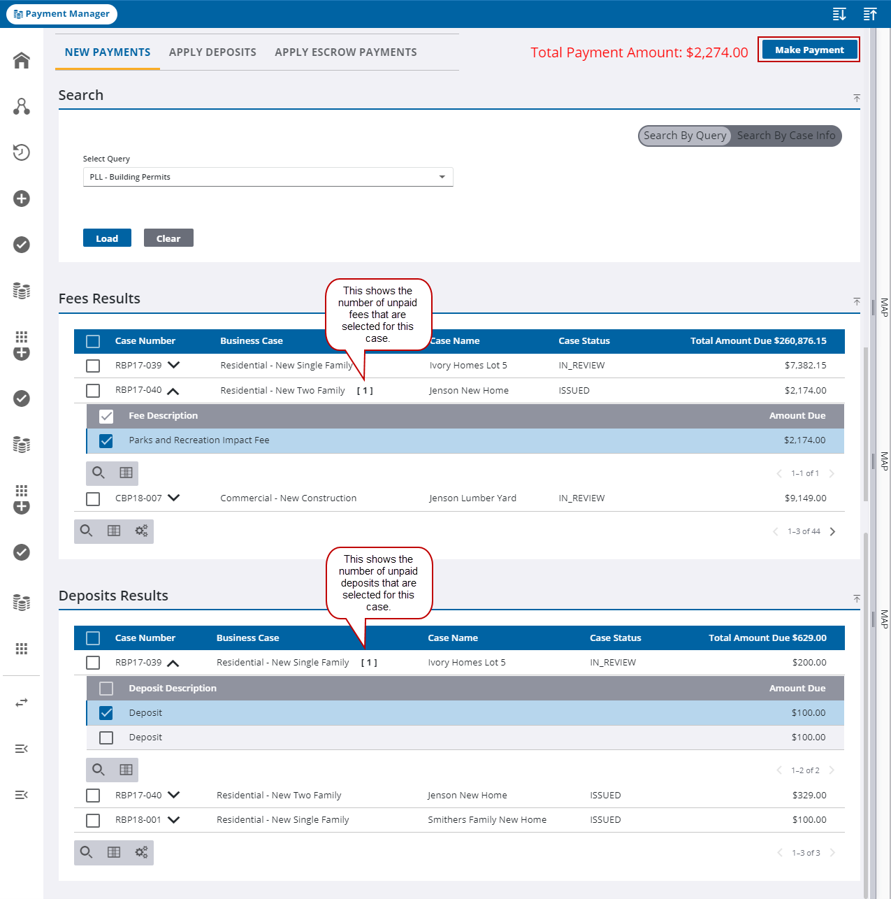 Image from Payment Manager, New Payment selected, Search By Query selected, and Make Payment highlighted