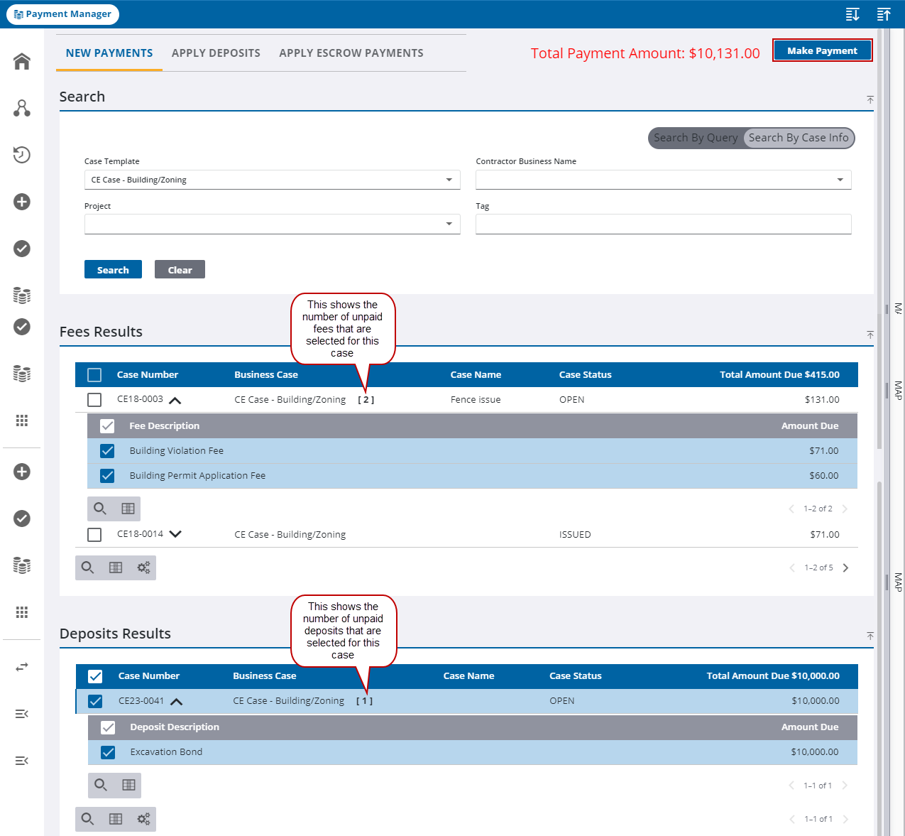 Image from Payment Manager, New Payment selected, Search By Case Info selected, and Make Payment highlighted