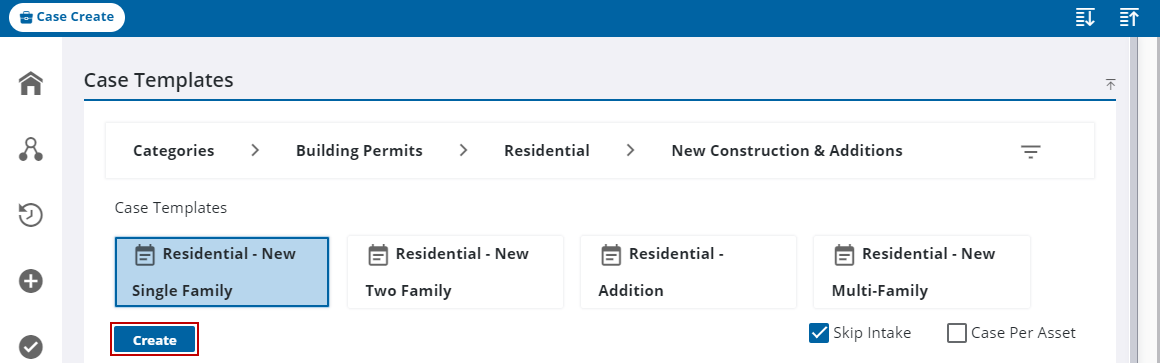Image of Case Templates with Create highlighted