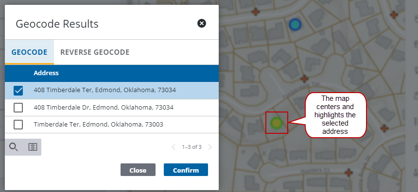 Image of Geocode Results and map with address highlighted