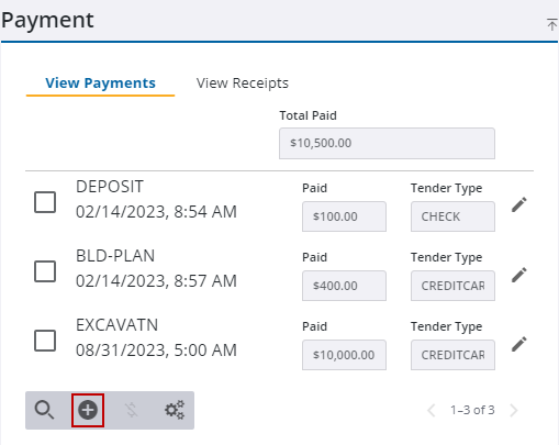 Image of the Payment panel from the case summary page with Add record highlighted
