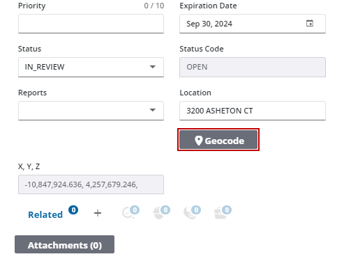 Image of lower part of Main panel with Geocode highlighted