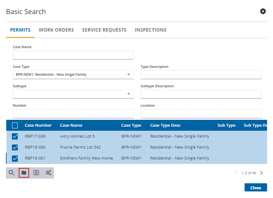 Image of Basic Search panel with multiple cases selected and Open Work Activities highlighted