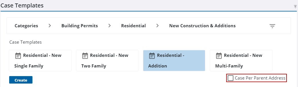 Image of Case Templates when creating a case from a parent case and Case Per Parent Address highlighted