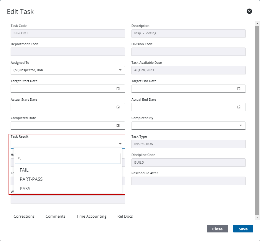 Image of Edit Task panel with Task Result highlighted