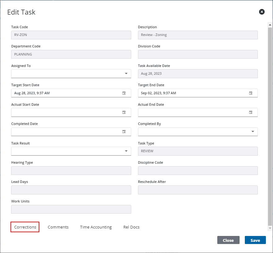 Image of Edit Task panel with Corrections highlighted