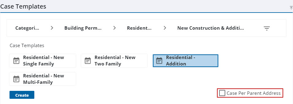 Image of Case Templates when creating a case from a parent case and Case Per Parent Address highlighted