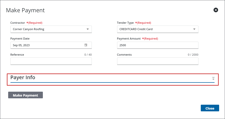 Image of Escrow Payment Make Payment panel with Payer Info highlighted