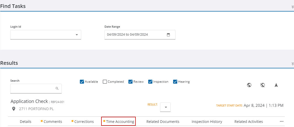 Image of Task Manager Results with Time Accounting highlighted