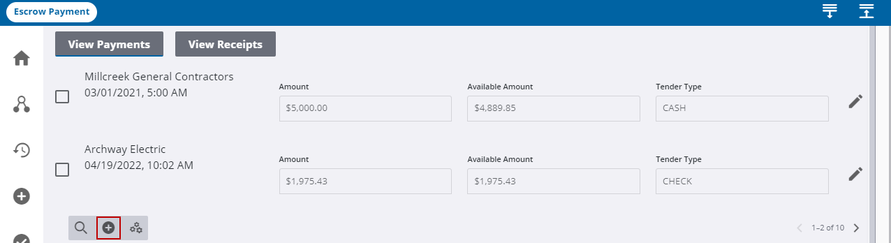 Image of Escrow Payment tool with Add record highlighted