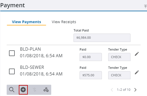 Image of the Payment panel from the case summary page with Add record highlighted