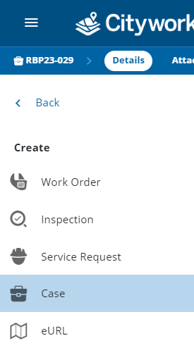 Image of Case highlighted after Create is selected from the menu