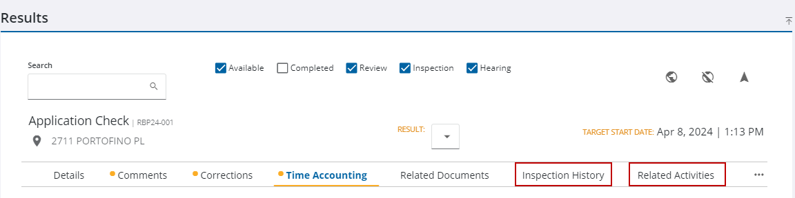 Image of Task Manager Results panel with Inspection History and Related Activities highlighted