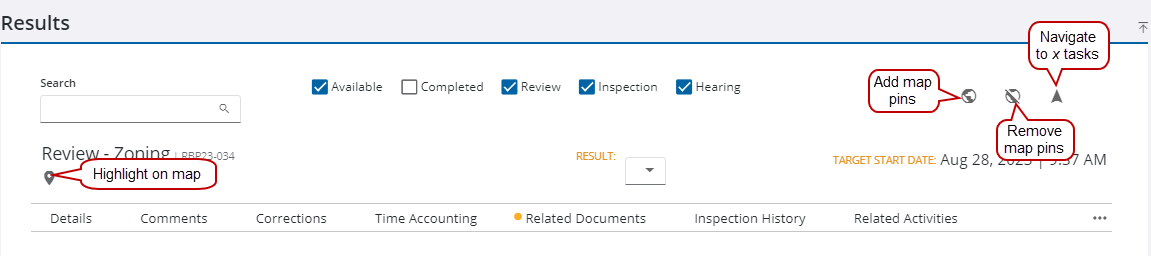 Image of Task Manager Results panel with map navigation called out